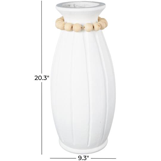 20" White Magnesium Oxide Decorative Vase with Light Brown Beads & Carved Grooves